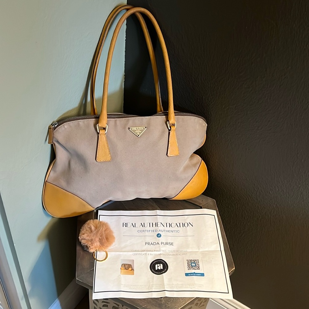 🛑 1 hour sale. Prada, Tan & brown, leather trim and corners w/ canvas, w…
